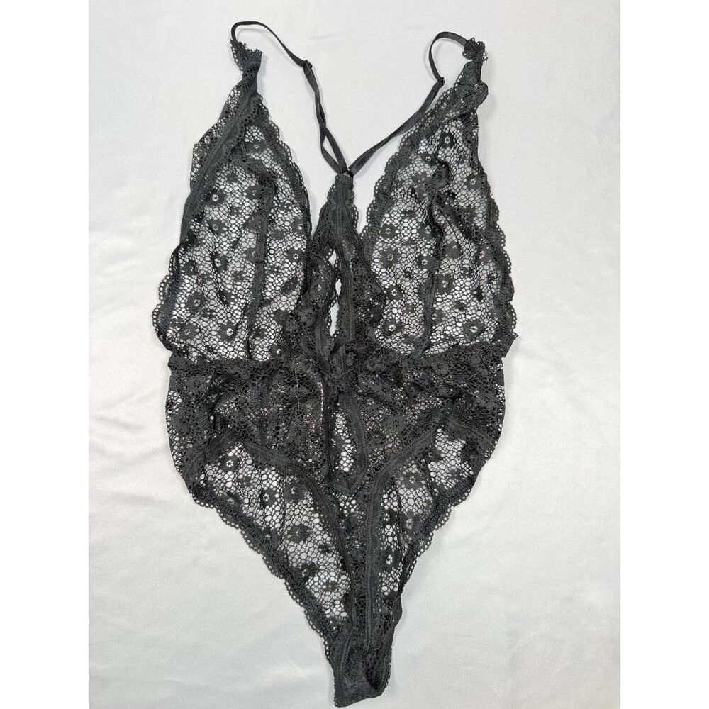 Victoria's Secret Black Lace Teddy Bodysuit S Sheer Plunge Halter LingerieRomper